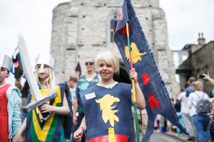 Some children in medieval costumes in the medieval pageant parade