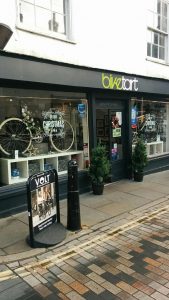 A festively decorated biketart windows