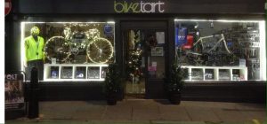 A festively decorated biketart windows