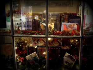 A festively decorated Chaucer Bookshop window