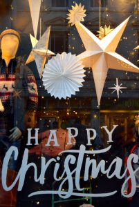 A festively decorated Fat Face window