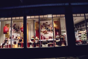 A festively decorated Lakeland window