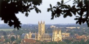 A foggy Canterbury skyline with the Cathedral in the centre