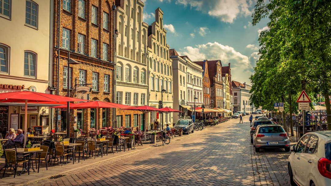 A strip of cafes and restaurants in a town centre in Brussels