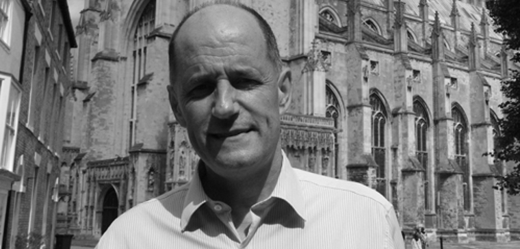 Clive Relf smiling in black and white
