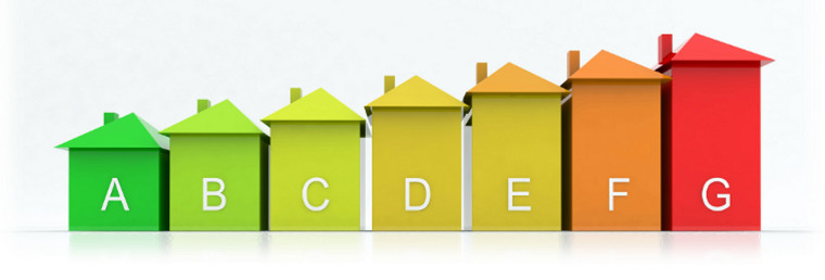 Some houses, representing an energy performance scale, from green to red and labelled from A to G