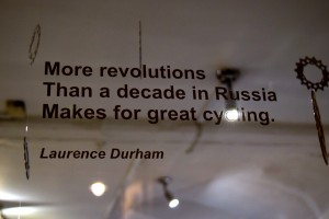 More revolutions than a decade in Russia makes for great recycling - Laurence Durham quote sticker on a window