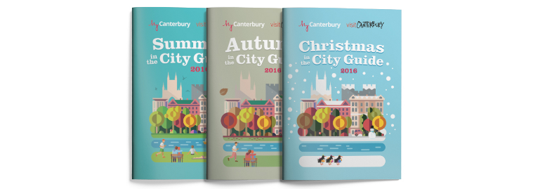 Three various seasonal MyCanterbury city guides for summer, autumn and christmas