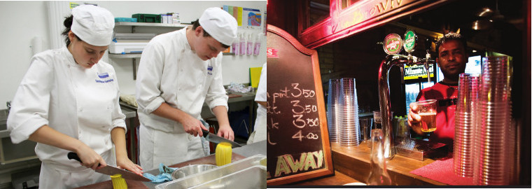 Two photos, one of two chefs using knives on the left, and a man behind a bar on the right