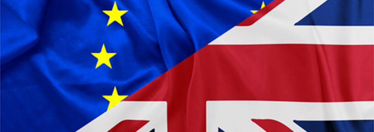 A diagonal split of both the EU and UK flags, representing Brexit