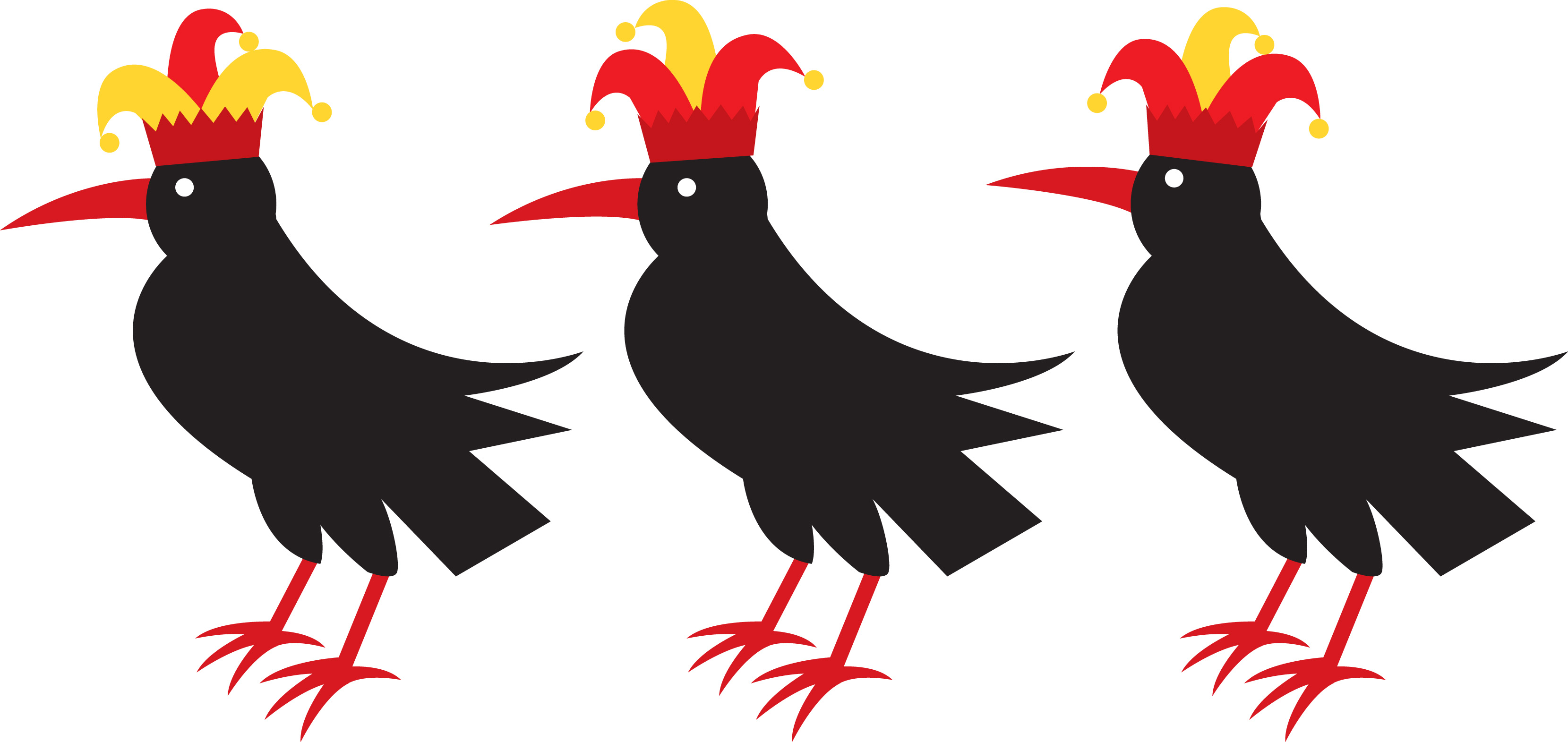 Three illustrated corvids in jester hats