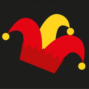 A drawing of a yellow and red court jester's hat