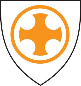 An orange symbol of St Augustines inside a shield