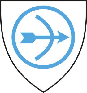 A blue symbol of a bow and arrow in a shield