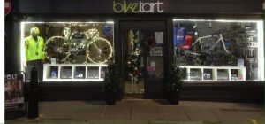 A festively decorated biketart windows