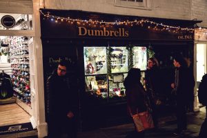 A festively decorated Dumbrells window
