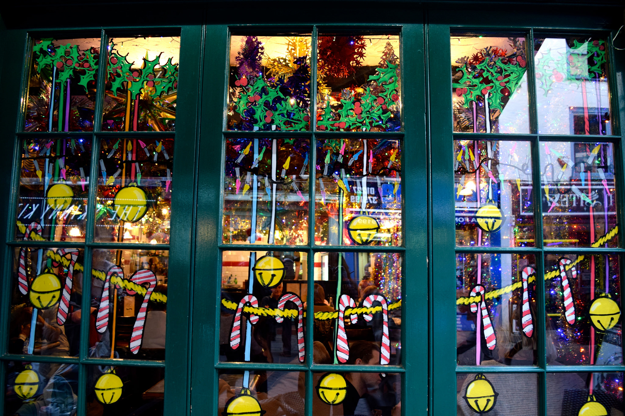 A festively decorated Marlowe's restaurant window