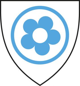 A blue Canterbury Tales symbol in a shield