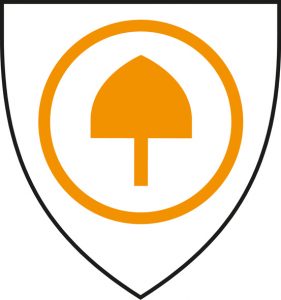 An orange Conquest House symbol in a shield