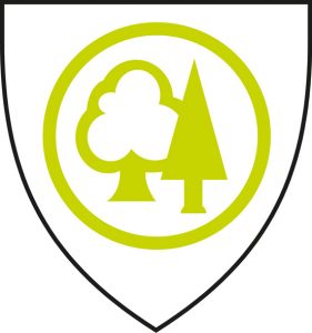A green Franciscan Garden symbol in the middle of a shield