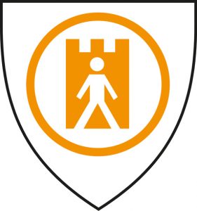 An orange St Thomas symbol in a shield