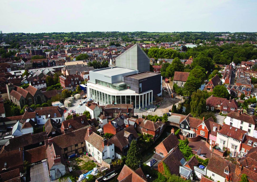 An aerial photo of Canterbury, the Marlowe Theatre in the centre