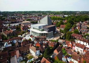 An aerial photo of Canterbury, the Marlowe Theatre in the centre