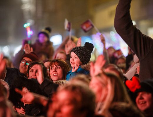 A crowd of people celebrating the Canterbury christmas lights switch on