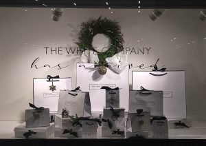 The White Company window decorated for christmas