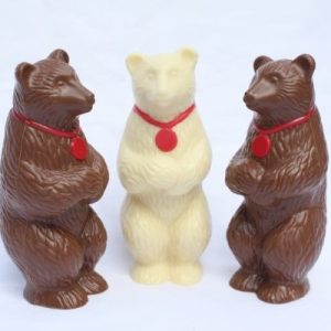 A photo of three chocolate bears