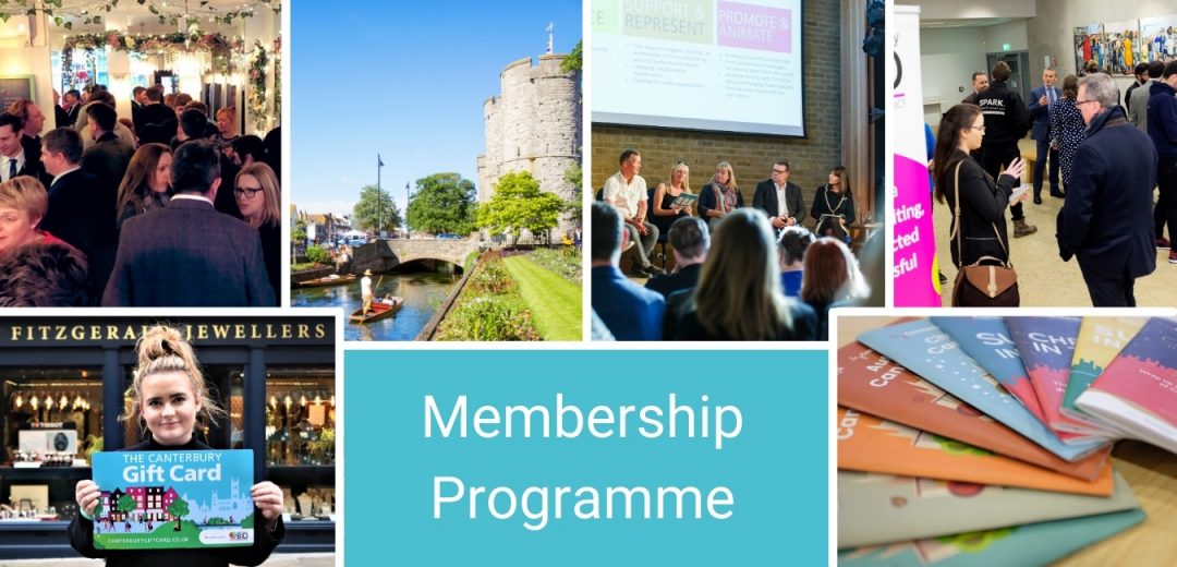 A collection of photos from various Canterbury Bid collaborations and events, with text amongst it that reads membership programme