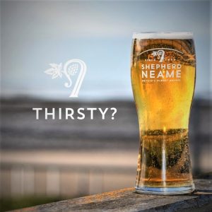 A Shepherd Neame advertisement, showing pint of beer with text beside it that reads thirsty?