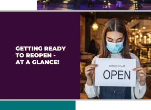 A masked woman holding a sign that reads come in we are open, with text beside it that says getting ready to reopen - at a glance!