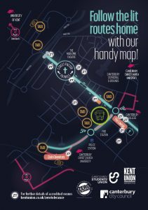 A poster of a map, with text that reads follow the lit routes home with our handy map!