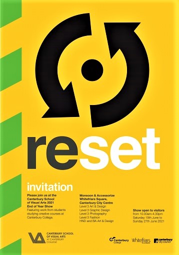 A poster for the Reset end of year show at Canterbury School of Visual Arts