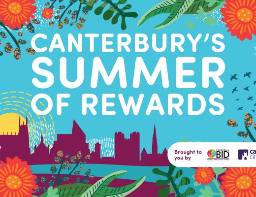 A banner poster for Canterbury's Summer of Rewards, with a summery illustration of Canterbury's skyline in the background