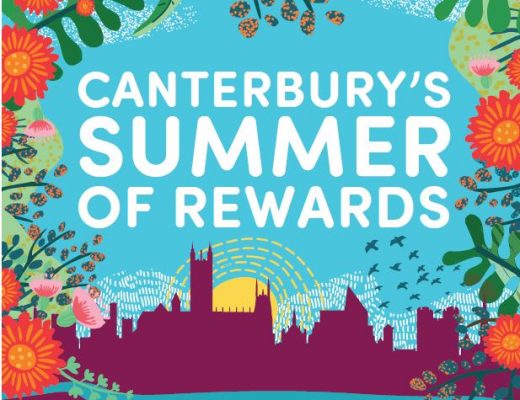A banner poster for Canterbury's Summer of Rewards, with a summery illustration of Canterbury's skyline in the background