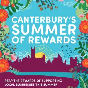 A poster for Canterbury's Summer of Rewards, with a summery illustration of Canterbury's skyline in the background