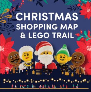 A poster with an illustrated Canterbury skyline with some Christmas themed Lego figures over it, with text above that reads Christmas Shopping Map & Lego Trail