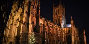A photo of Canterbury Cathedral at night during the festive period