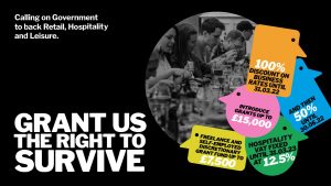 a banner that says calling on government to back retail, hospitality and leisure - grant us the right to survive