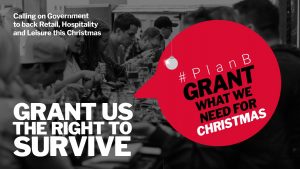 A banner that reads calling on government to back retail, hospitality and leisure - grant us the right to survive - #PlanB grant what we need for Christmas