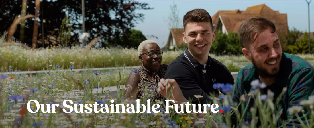 A photo of three smiling people amongst flowers with text over it that reads our sustainable future