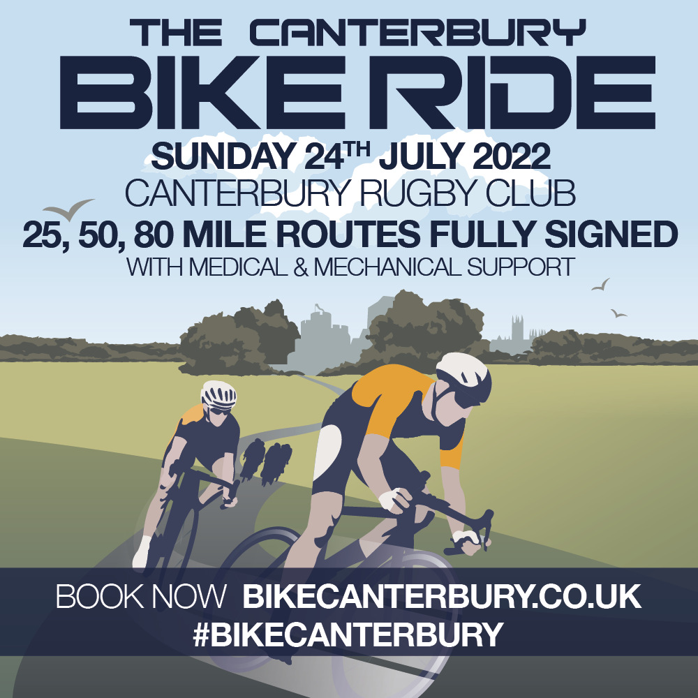 'The Canterbury Bike Ride - Sunday 24th July 2022 - Canterbury Rugby Club - 25, 50, 80 mile routes fully signed with medical & mechanical support - book now bikecanterbury.co.uk #bikecanterbury'