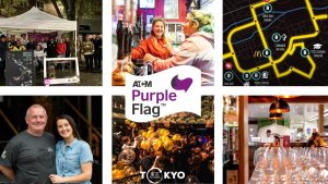 A banner for ATCM Purple Flag with photos of people, events, bars and restaurants and a map of Canterbury