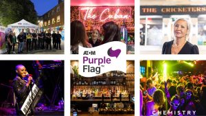 A banner for ATCM Purple Flag with photos of live events, bars and people