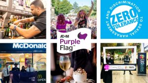 A banner for ATCM Purple Flag with photos of McDonalds, a pride event, bars and a zero tolerance for harassment campaign