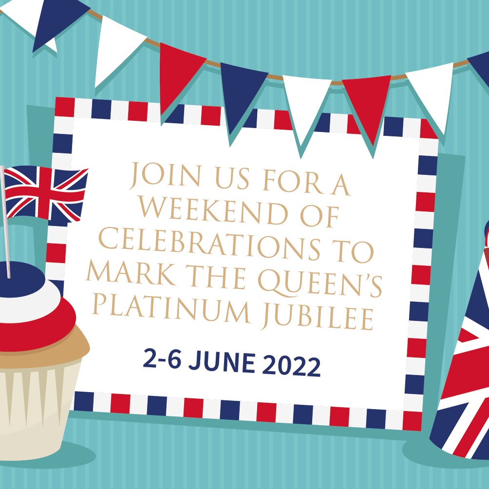 'Join us for a weekend of a weekend of celebrations to mark the Queen's platinum jubilee 2-6 June 2022'