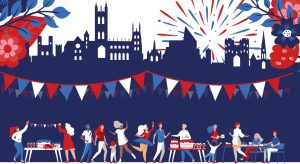 An illustration of Canterbury's skyline with people beneath celebrating the Queen's Jubilee