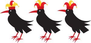 Three illustrated corvids wearing jester hats